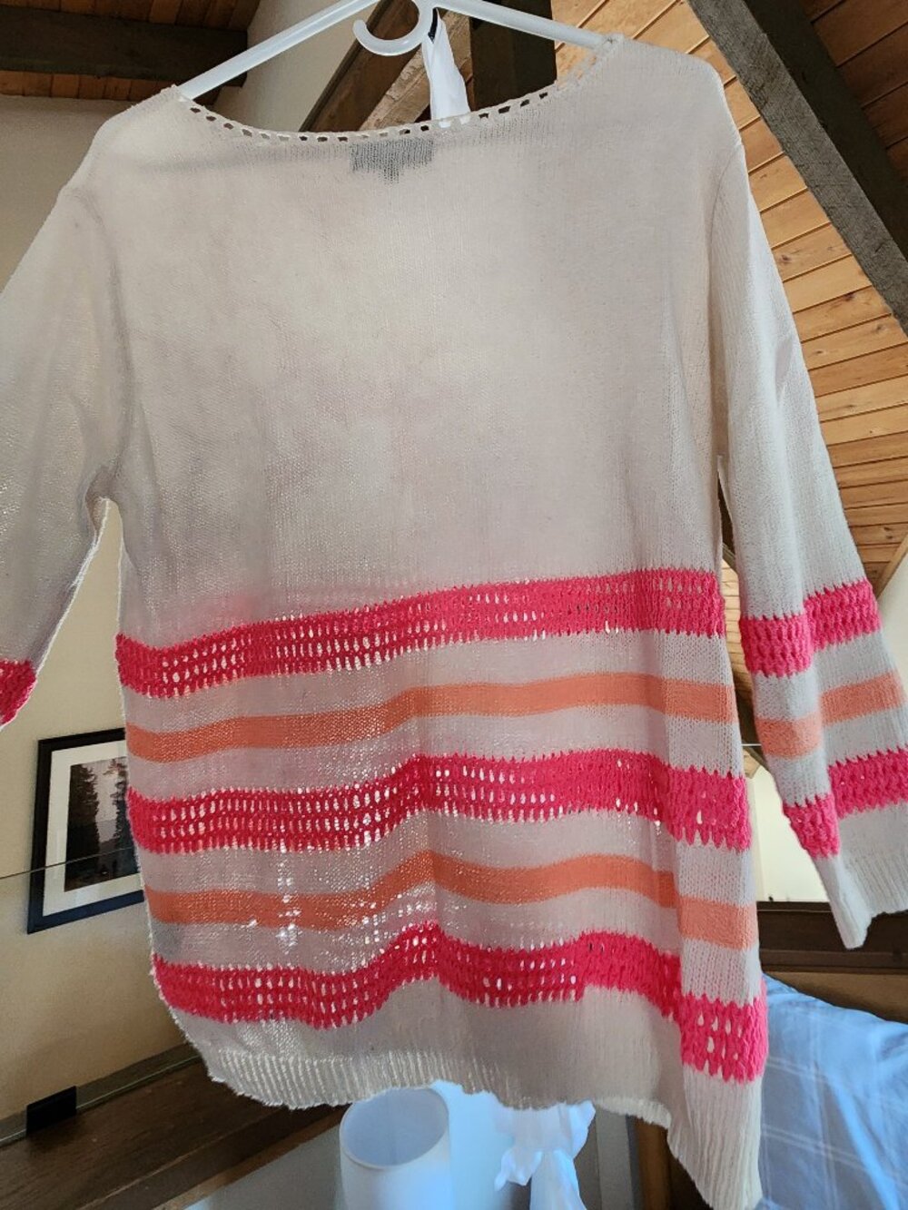 POL Cream Coral Pink Striped Open Knit Sweater Size Medium Boho Coastal